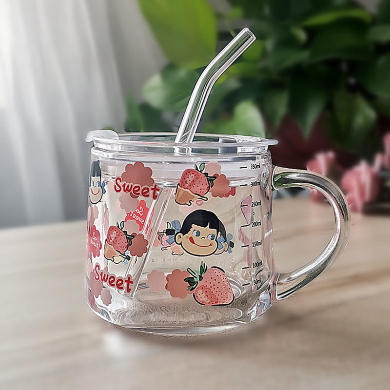 Cartoon Borosilicate Glass Cup with Lid, Straw & Spoon | Heat-Resistant Milk Mug with Measurement Scale | Custom Logo Gift Glass Tumbler