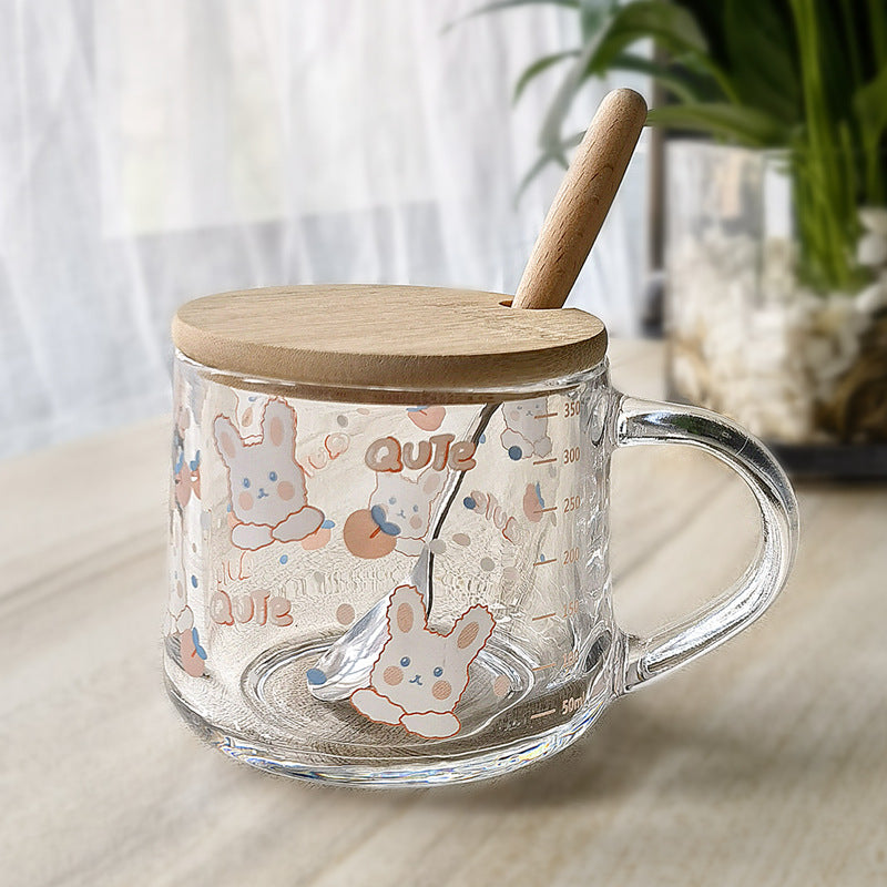 Cartoon Borosilicate Glass Cup with Lid, Straw & Spoon | Heat-Resistant Milk Mug with Measurement Scale | Custom Logo Gift Glass Tumbler